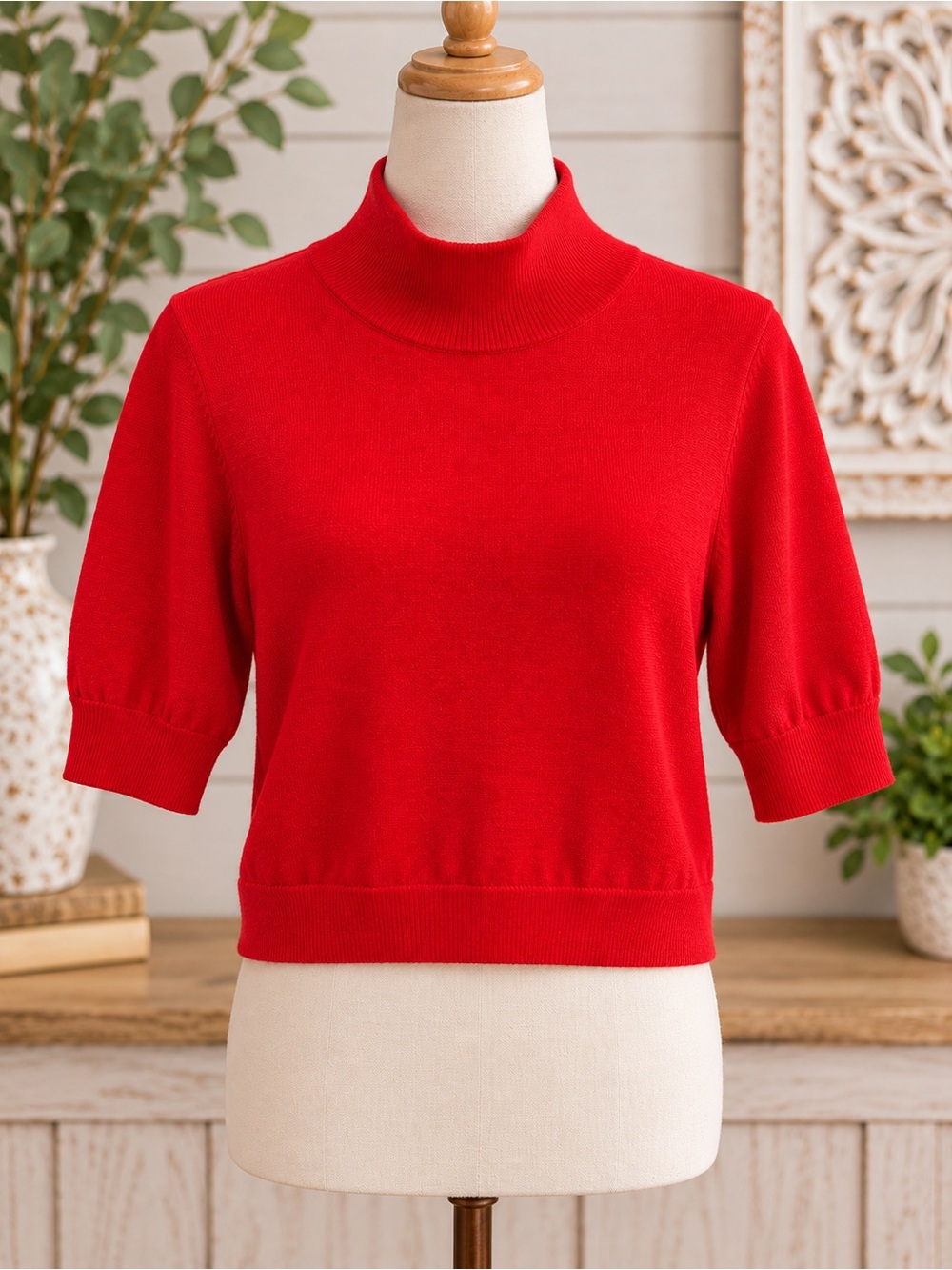 Trina Turk Vibrant Red Short Sleeve Turtleneck Sweater
